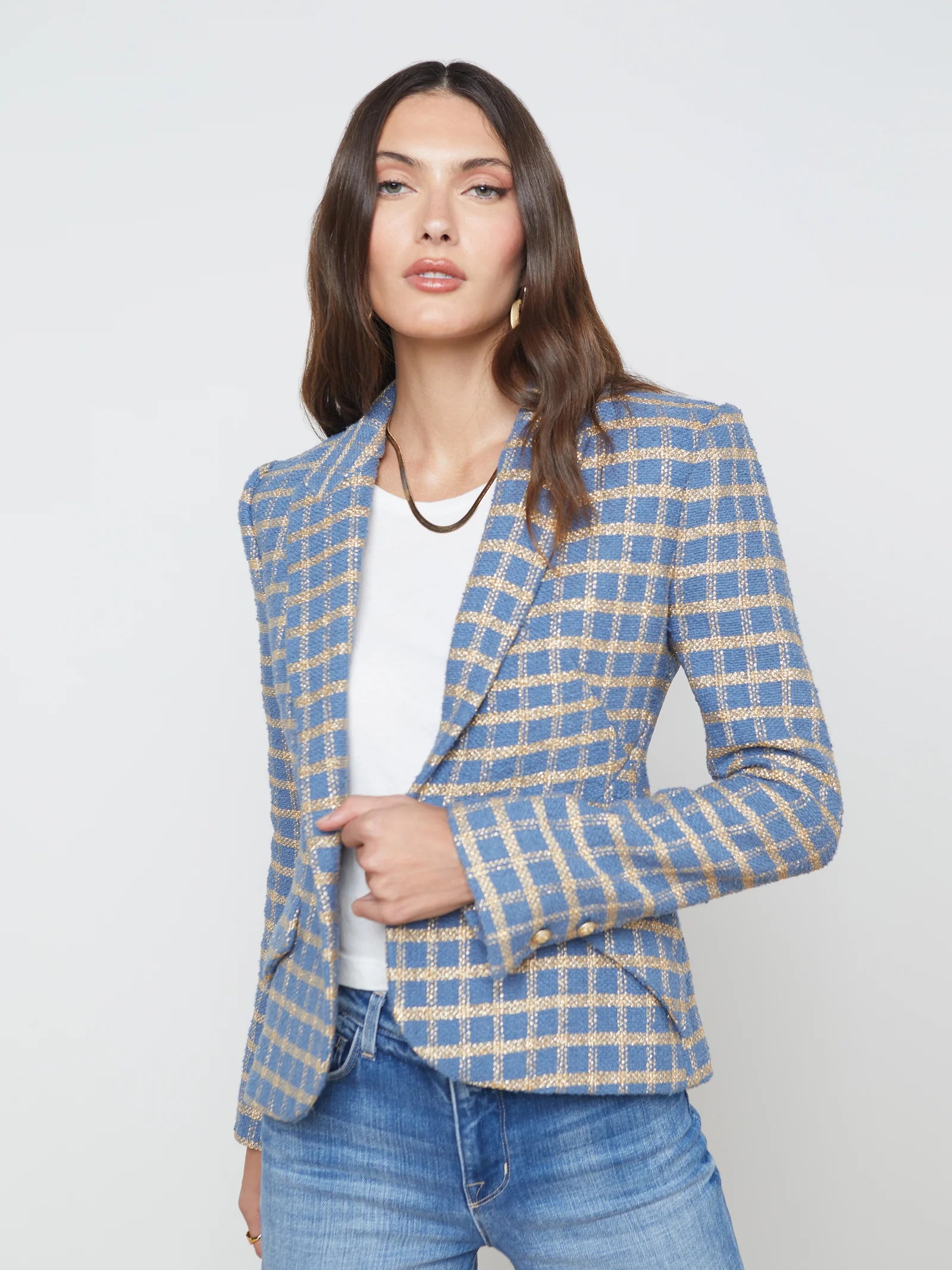 Jennah Blazer Blue Horizon Gold Plaid - L'AGENCE Women's Custom Jacket