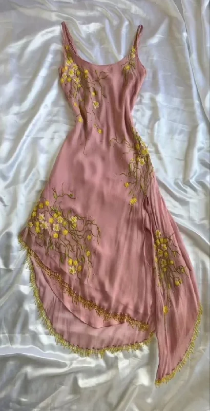 Pink Spaghetti Straps Embroidery Sheath Vintage Party Dress, DP4120 Off-the-shoulder Chic Trendy