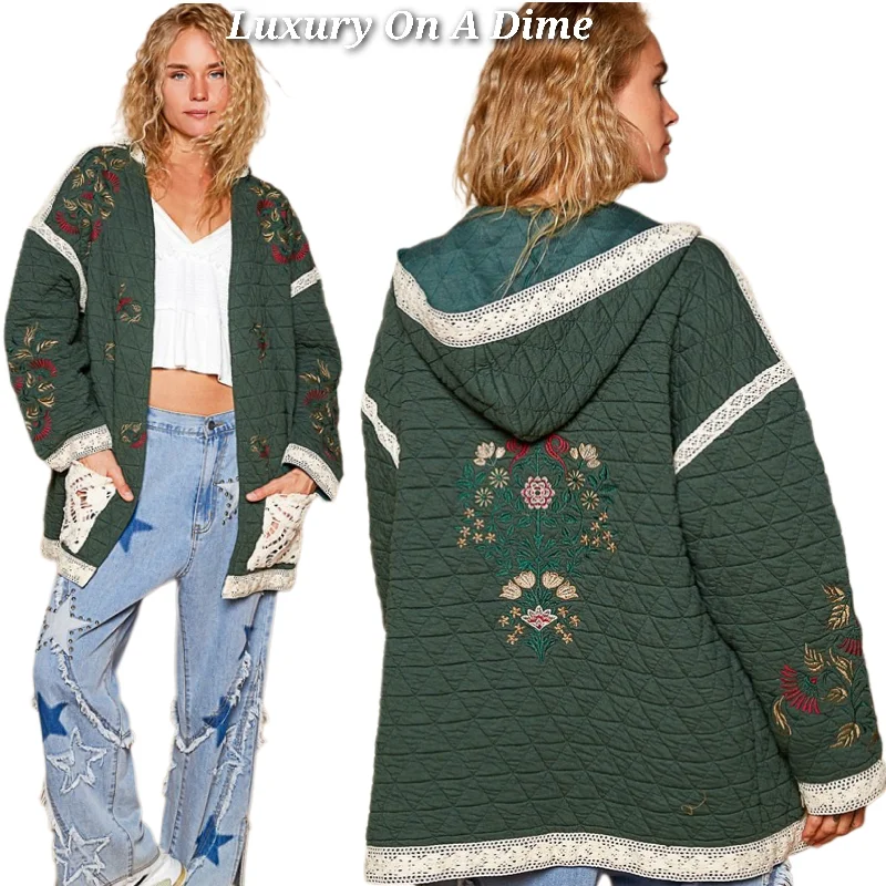 POL Quilted Granny Floral Embroidered Patchwork Oversized Pocket Bohemian Jacket Zip Front Button Front Snap Front POL Quilted Granny Floral Embroidered Patchwork Oversized Pocket Bohemian Jacket Zip Front Button Front Snap Front