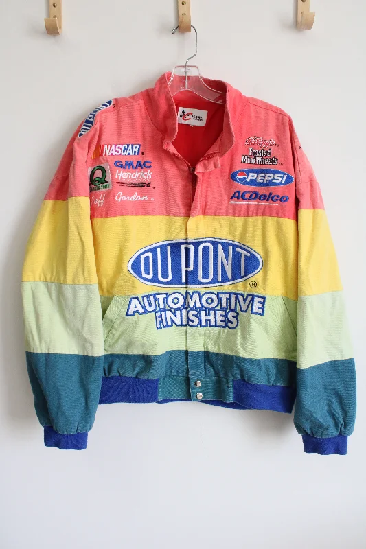 Chase Authentics Vintage Du Pont Automotive Rainbow Striped Denim Racing Jacket | XL Cotton Fabric Linen Fabric Terry Fabric Chase Authentics Vintage Du Pont Automotive Rainbow Striped Denim Racing Jacket | XL Cotton Fabric Linen Fabric Terry Fabric