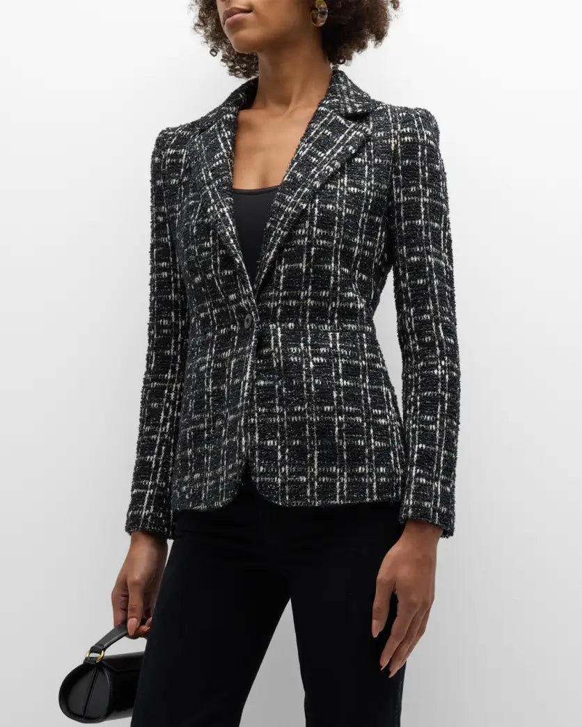 Macey Fitted Tweed Blazer Black White - Alice + Olivia Women's Trendy Jacket