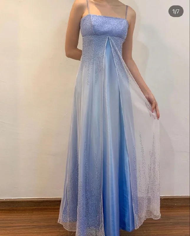 Light Blue Spaghetti Straps A-Line Satin Vintage Long Party Dress, DP3986 sweetheart Neckline Romantic
