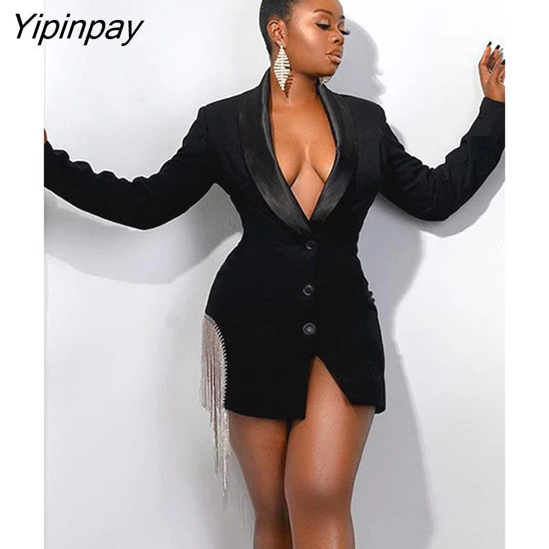Yipinpay Women Fashion Single Breasted Tassels Blazer Dress 2023 Vintage Beading High Street Dresses Ladies Elegant Chic Slim Blazers Women's Vintage Suit Yipinpay Women Fashion Single Breasted Tassels Blazer Dress 2023 Vintage Beading High Street Dresses Ladies Elegant Chic Slim Blazers Women's Vintage Suit