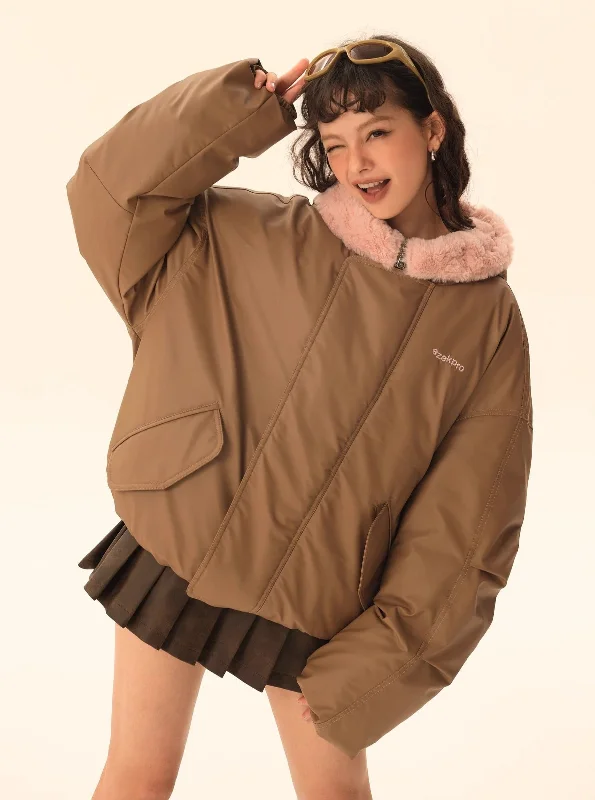 Faux Fur Hooded No-Wash Pu Skin Down Jacket Nylon Fabric Polyester Fabric Spandex Fabric