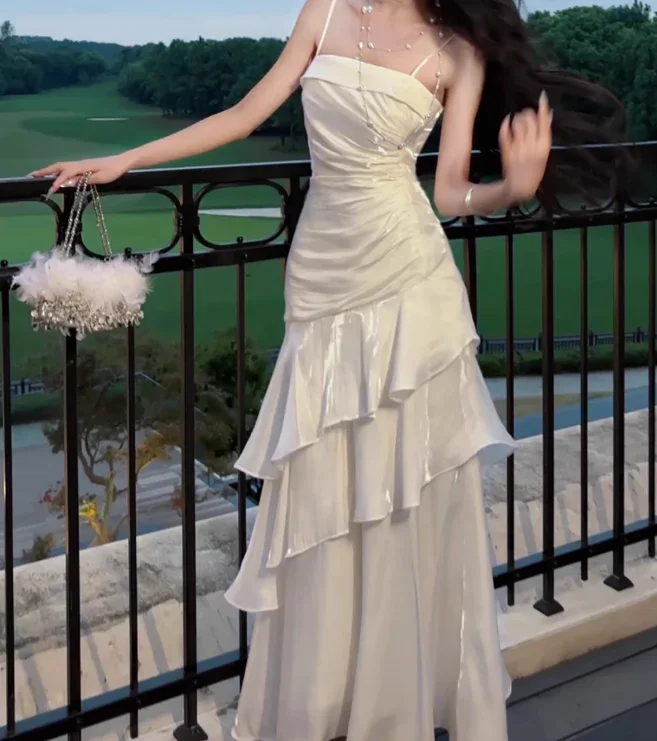 Vintage Spaghetti Straps Sheath Chiffon Ruffles Long Party Dress DP3866 Tunics Long Elegant