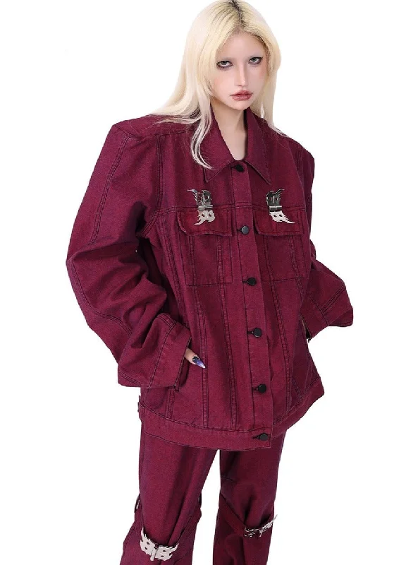 PINKSPINK Burgundy Denim Jacket - Silver Emblem Edition Herringbone Jacket Checkered Jacket Solid Jacket PINKSPINK Burgundy Denim Jacket - Silver Emblem Edition Herringbone Jacket Checkered Jacket Solid Jacket