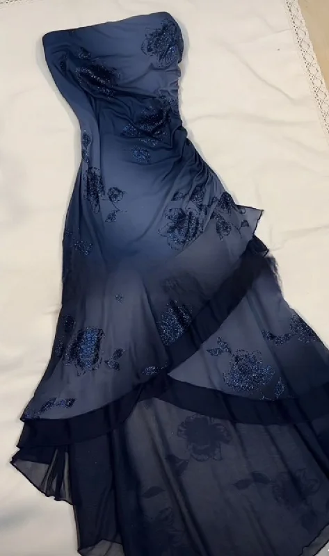 Vintage Navy Strapless Ruffles Chiffon Long Party Dress Evening Gown DP3893 Tunics Top Casual