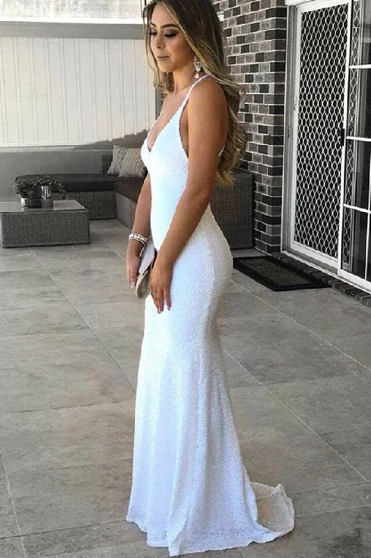 White Sequin Deep V Neck Backless Long Mermaid Prom Dresses Formal Evening Party Dress A-Line Day Work White Sequin Deep V Neck Backless Long Mermaid Prom Dresses Formal Evening Party Dress A-Line Day Work