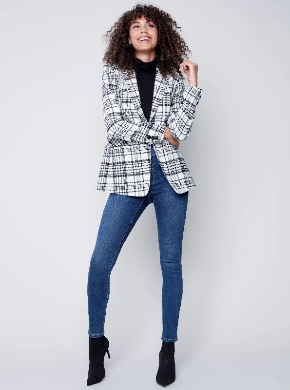 Plaid Long Sleeve Blazer [Black-C6279] Women's Luxurious Jacket
