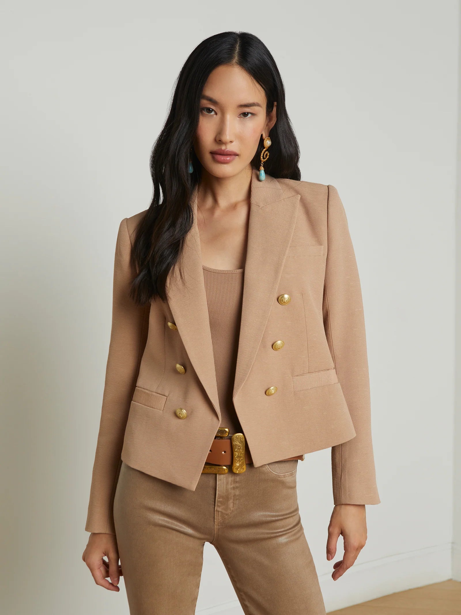 Brooke Open-Front Blazer Cappuccino/Sketch Chain - L'AGENCE Women's Wedding Blazer
