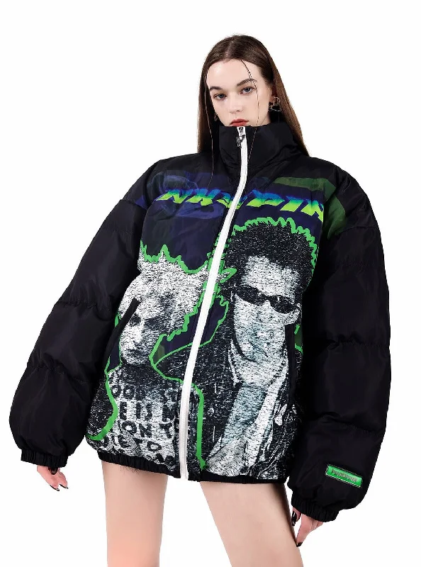PINKSPINK Punk Icon Puffer Jacket - Black/Green/Blue Notch Collar Peter Pan Collar Cowl Neck