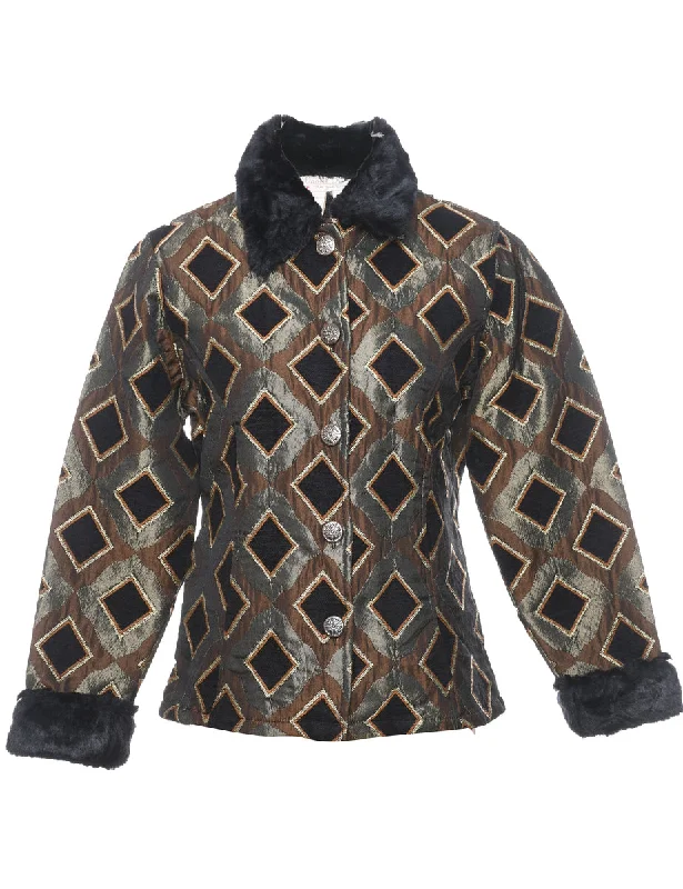 Geometric Pattern Metallic Contrast Trim Evening Jacket - S