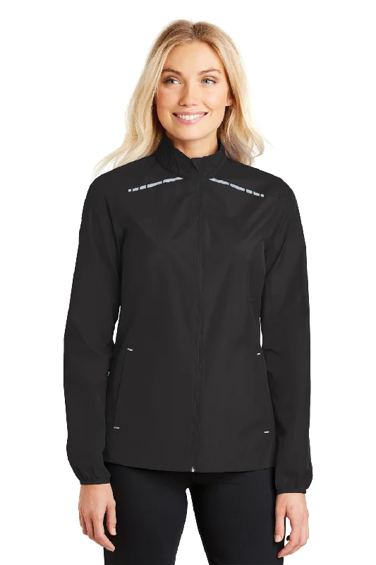 Port Authority Womens Zephyr Reflective Hit Wind & Water Resistant Full Zip Jacket - Black - Closeout