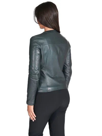 Womens Dark Green Lambskin Leather Biker Jacket