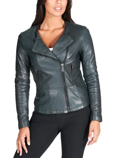 Womens Dark Green Lambskin Leather Biker Jacket