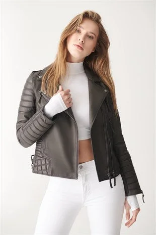 Women's Padded Black Biker Leather Jacket