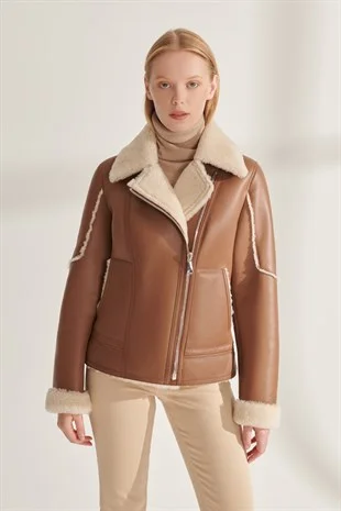 Women's TAN Sports Shearling Leather Jacket