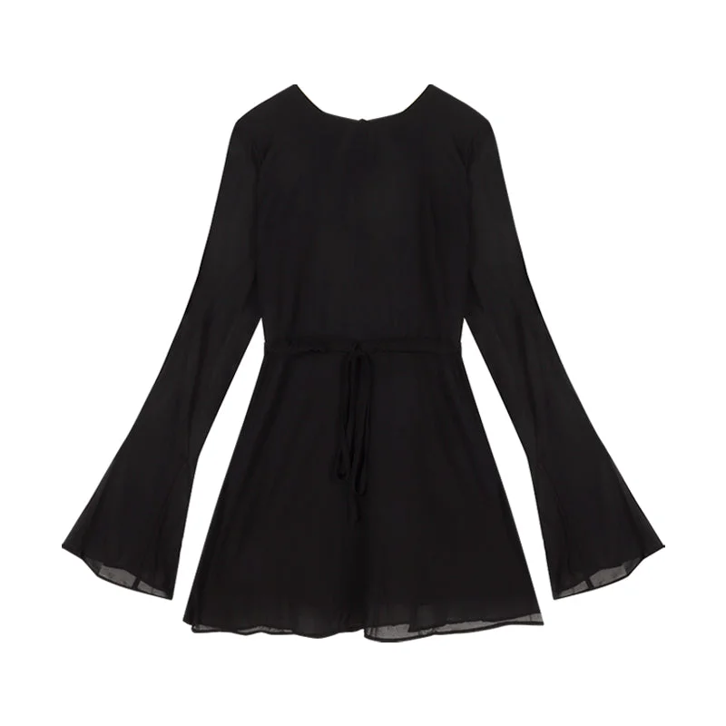 Fiona Solid Color Black Long Sleeve Backless Round Neck Pleated Mini Dress