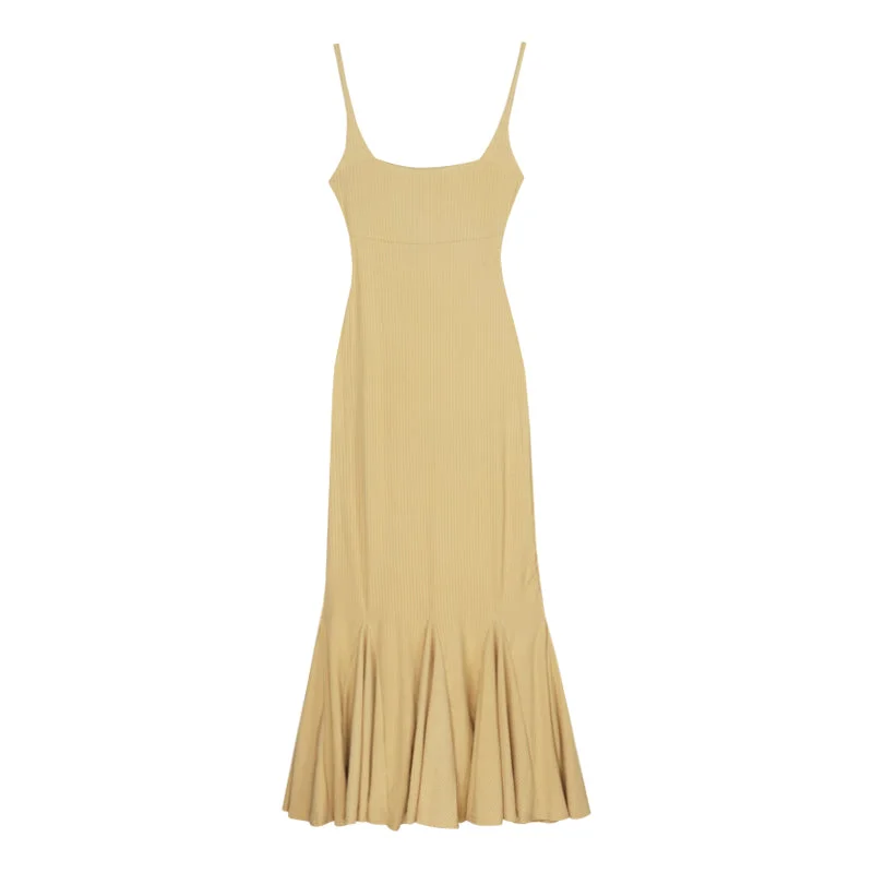 Gladi Solid Color Yellow French Slim Slip Long Fishtail Dress