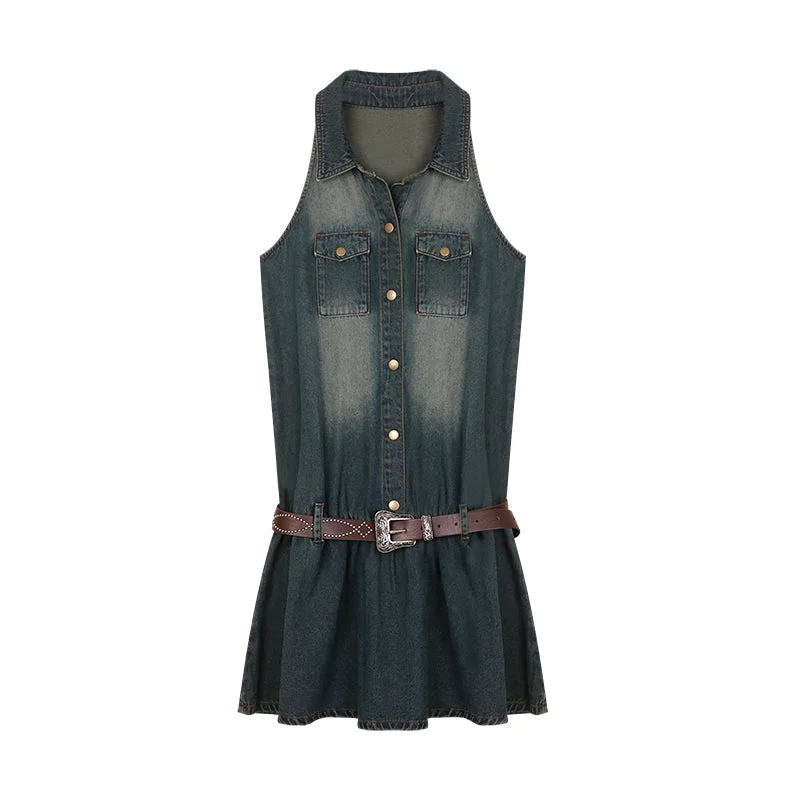 Ianna Denim Washed Sleeveless Lapel Brown Waist Belt Multi-Pocket Mini Dress