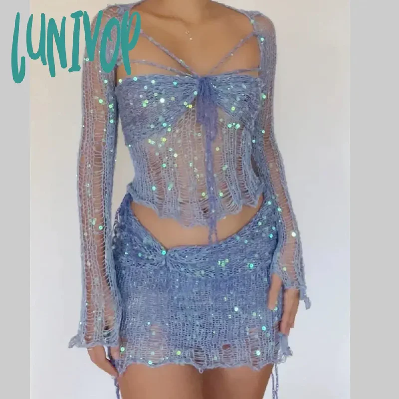 Lunivop 2024 Women Crochet Knitted Dress 2 Piece Sequin Skirt Sets Summer Sexy Elegant Mini Y2k Skirt Hollow Body Skirt Crop Top Dress