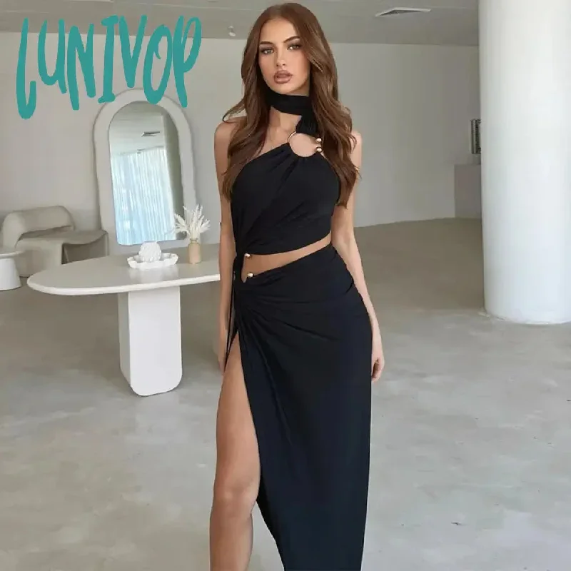 Lunivop Fashion Sexy Cut Out Backless Maxi Dress Club Party Elegant Outfits Sleeveless Halter Asymmetrical Slit Dresses Sexy Dress