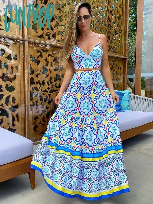 Lunivop  Summer Women Outfits Two Pieces Set Sleeveless Long Dresses V-neck Crop Top High Waist Maxi Skirt Bodycon Printed Beachwear