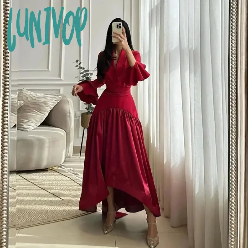 Lunivop V-neck Pleats Elegant Evening Dresses A-line Ruffles Sleeve Prom Gowns Custom Made Dubai Arab 2024 for Women فساتين السهرة