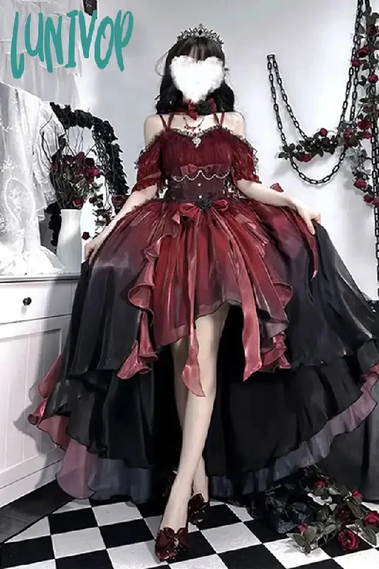 Lunivop Wine Red Gradient Prom Dress Suspender Dress Female Lolita Trailing Pettiskirt Dress