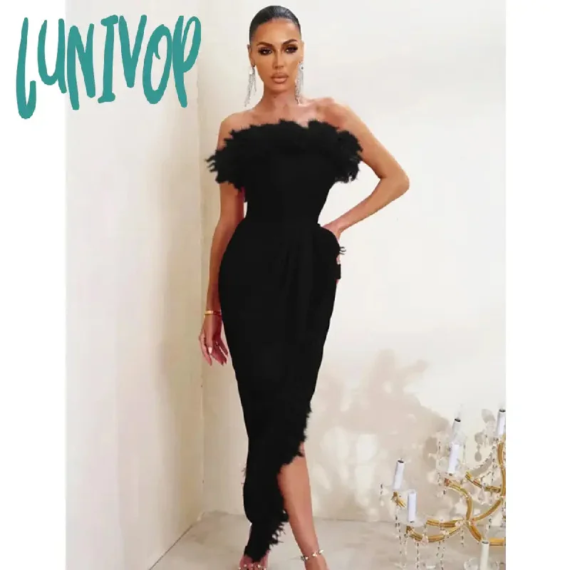 Lunivop Women Summer Sexy Strapless Backless Feather Blue Pink Black Midi Bodycon Bandage Dress Elegant Evening Club Party Dress