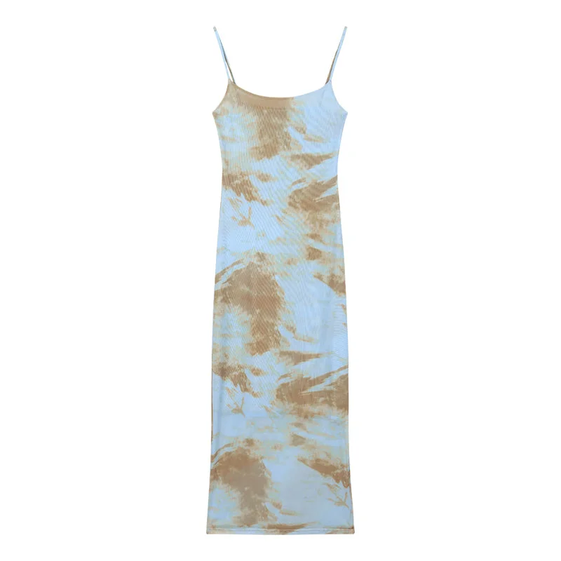 Moan Blue & Brown Tie-Dye Spaghetti Strap Slip Slim Long Dress