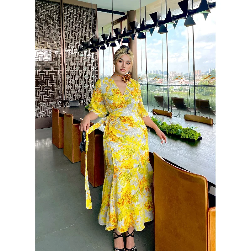 Naoum Plus Size Sun Bright Yellow Floral Front Cross V-Neck Short Sleeve Side Slit Long Dress