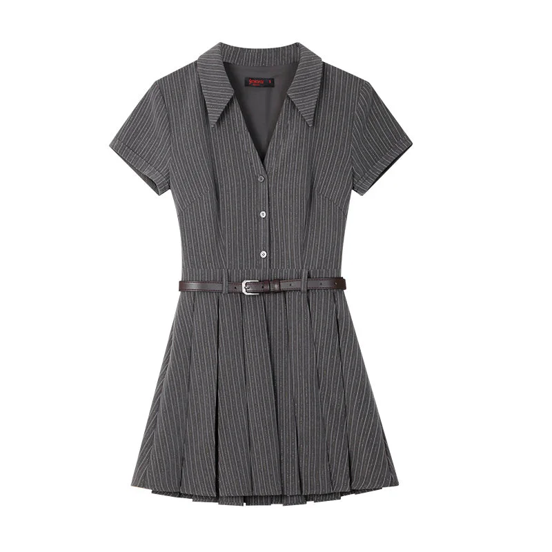 Nessa Striped V-Neck Short Sleeve A-Line Waist Belt Pleated Mini Dress