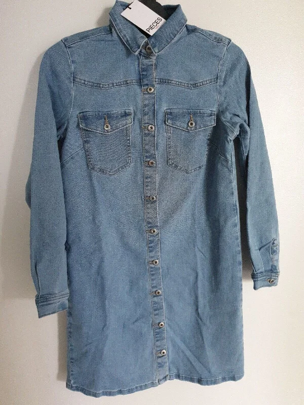 Pieces Button Front Mini Shirt Dress Blue Size XS.