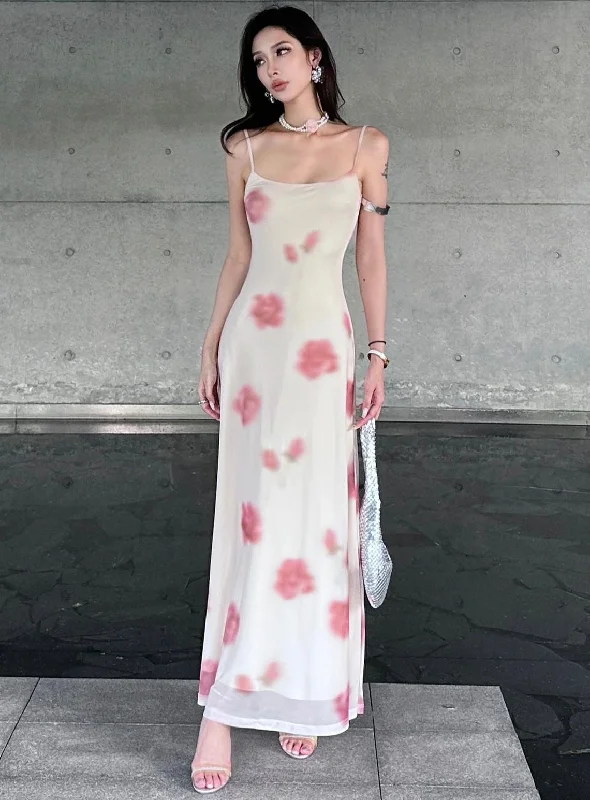 Yielle White Floral Print Spaghetti Strap Long Dress