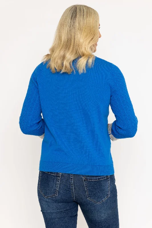 Blue Cable Knit Sweater With Shirt Collar