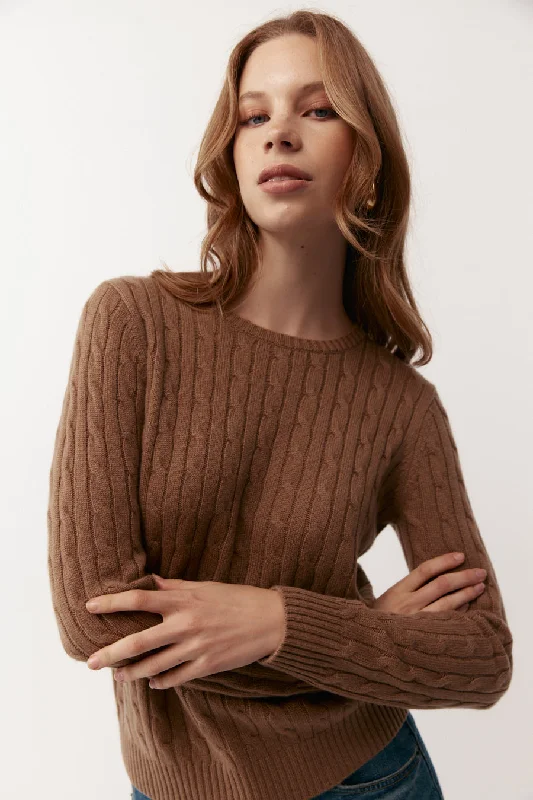 Essential Cashmere Cable Crew Sweater - Tan