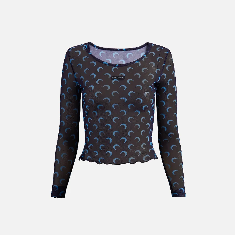 Marine Serre Moon Printed Mesh Second Skin Cropped Top - Navy