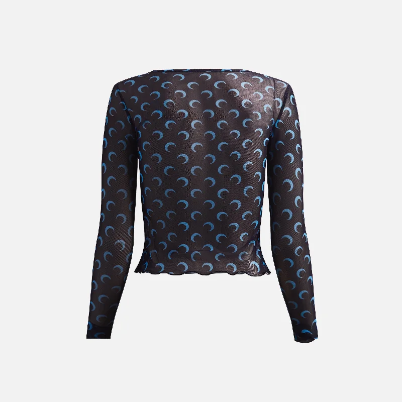 Marine Serre Moon Printed Mesh Second Skin Cropped Top - Navy