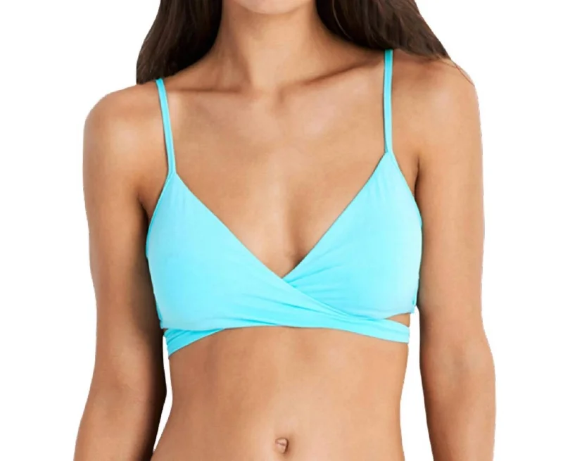 Wrap Front Bralette Bikini Top In Sea Ice Blue