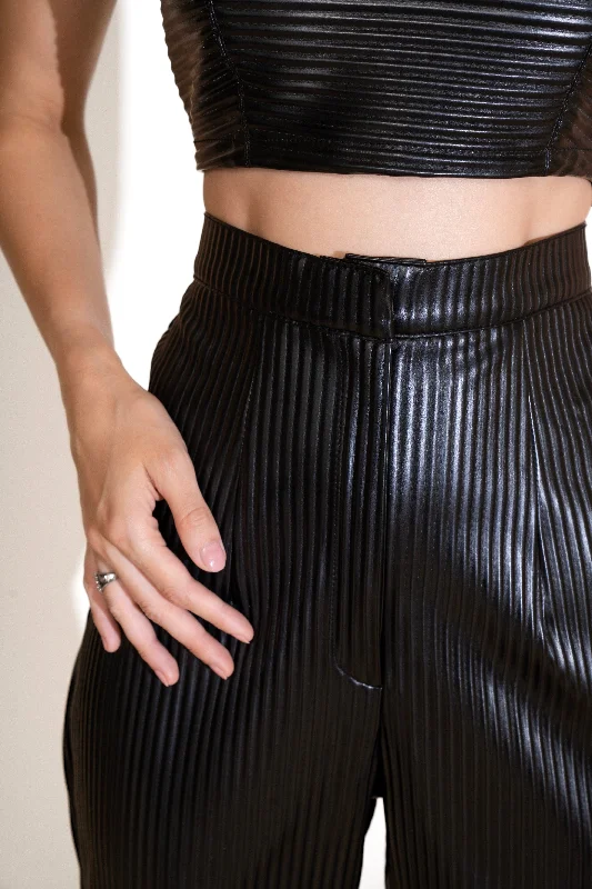 Black Pleated Faux Leather Pants