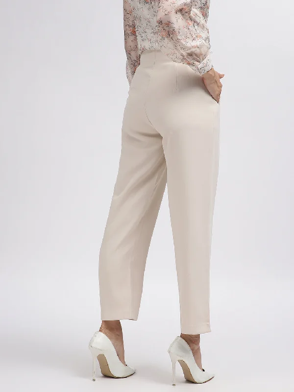 Centre Stage Women Beige Solid Tapered Fit Trouser