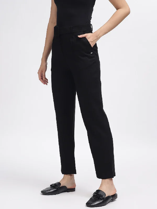 Elle Women Black Solid Straight Fit Trouser