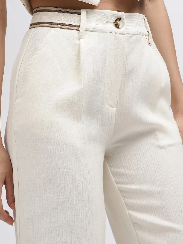 Iconic Women Off White Solid Regular Fit Trouser