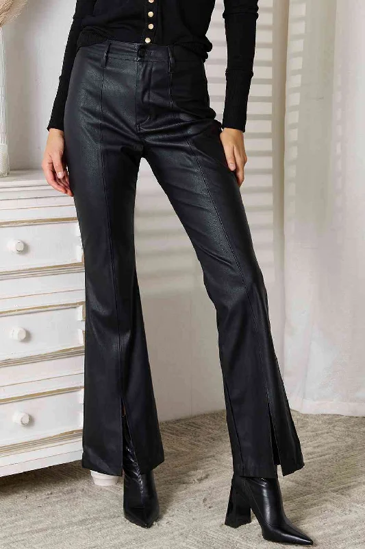 Sleek Black Sheen Slit Flare Leg Pants