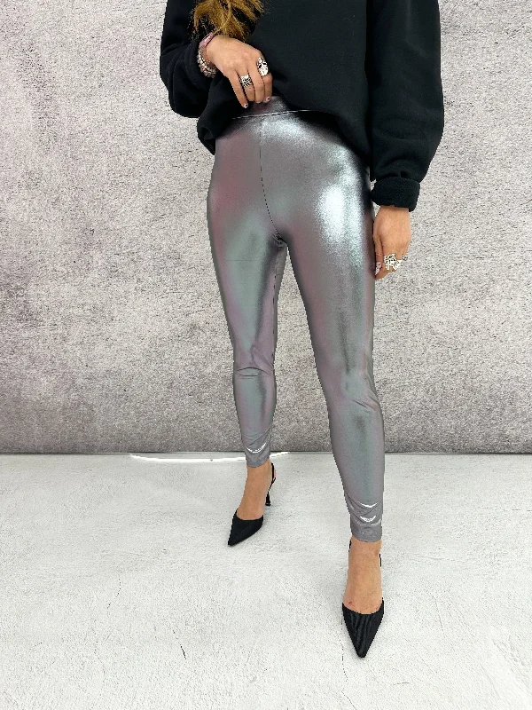 High Waisted Leggings In Silver Metallic