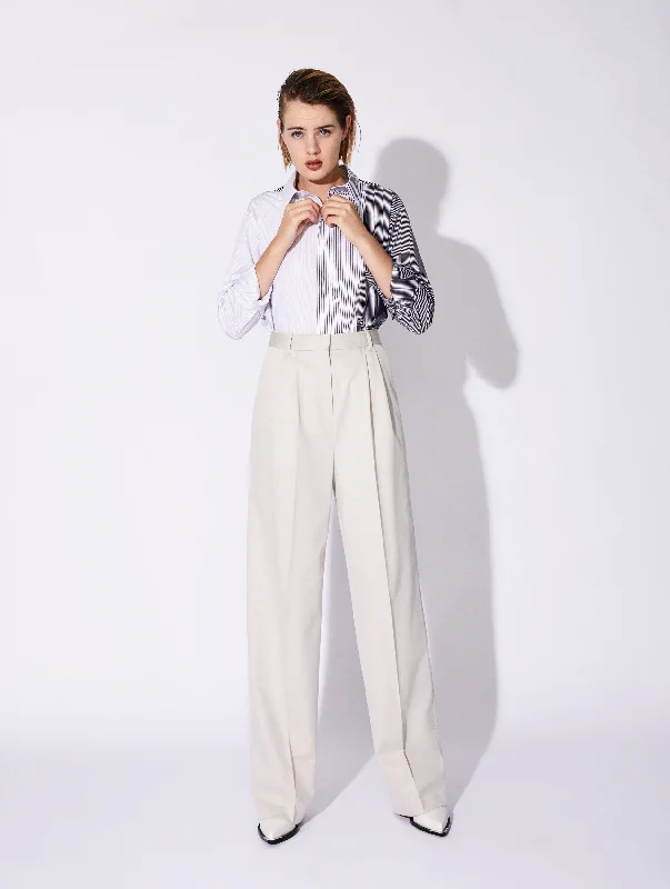 Pantalon à plis taille haute en gabardine crème