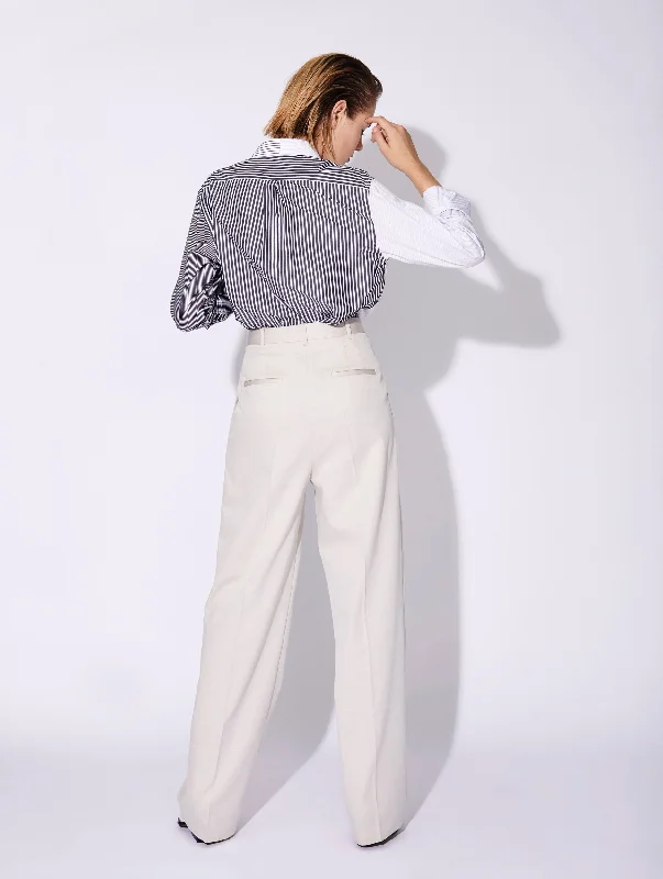 Pantalon à plis taille haute en gabardine crème