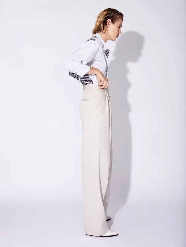 Pantalon à plis taille haute en gabardine crème