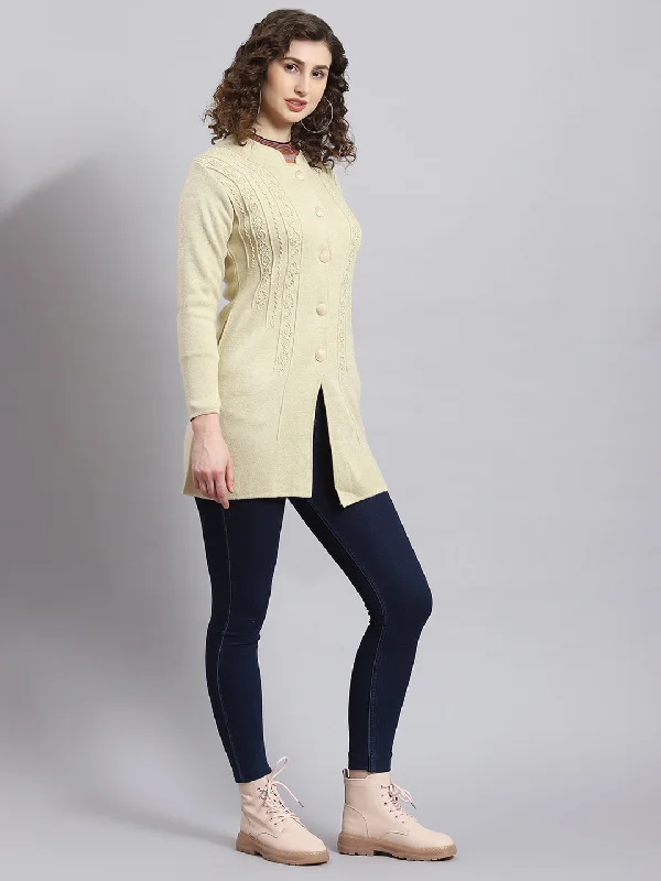 Women Beige Self Design Mandarin Collar Full Sleeve Coat